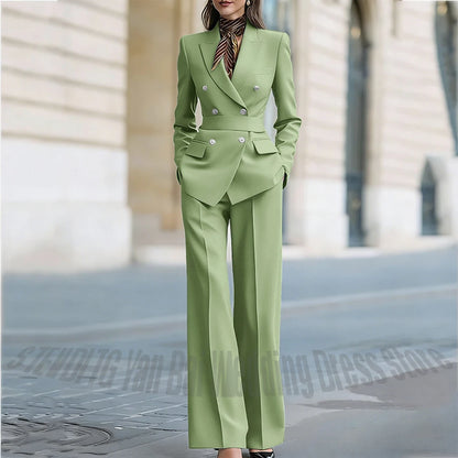 Customized Straight Women's Suits Two Pieces Classic Double Breasted Solid Color High Street Business Casual Office Suit Set