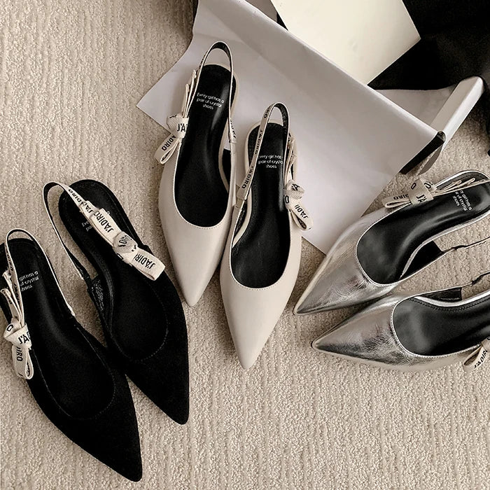 New Summer Low Block Heel Suede Pointed Toe Low-Cut Flats with Letter Back Strap Closed-Toe Sandals