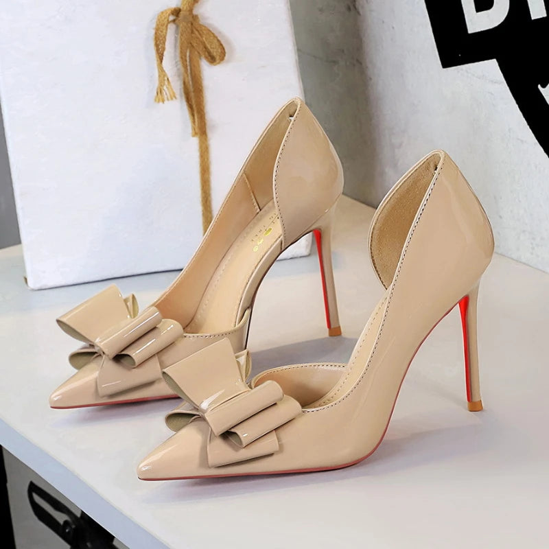 Nude Patent Leather Pointed Toe Stiletto Heel Pumps With Bow Cut Out High Heels For Wedding Party Prom Evening Formal Dress
