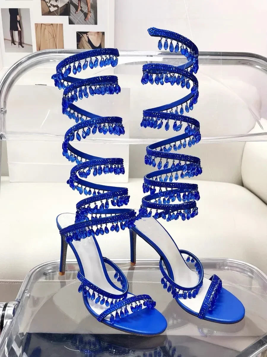 2024Women's New Water Diamond Sandals Fashion Tassel Crystal Shoes Sexy Banquet Party Twin Stiletto Women's Large Sandals