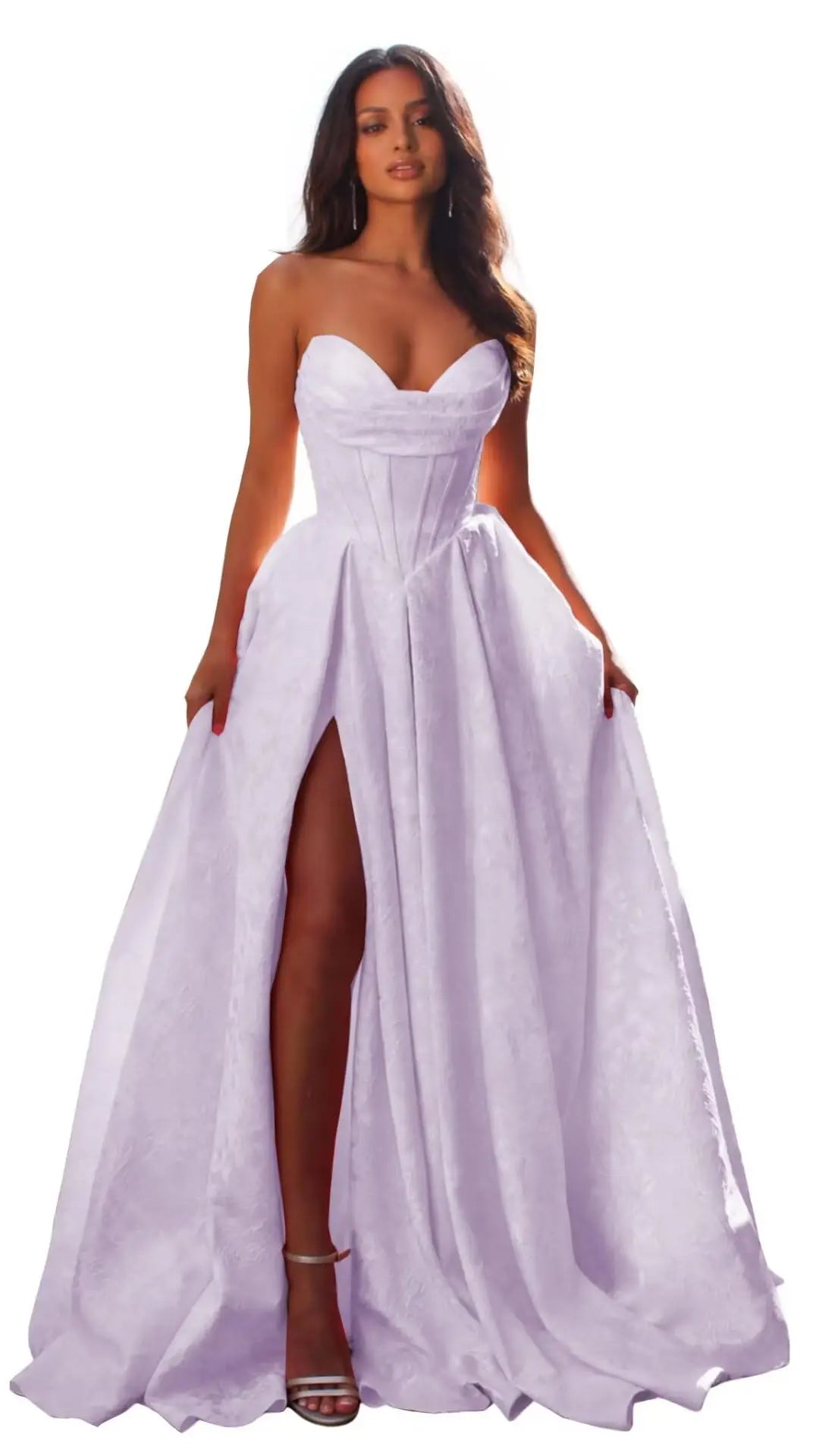 Women Elegant Jacquard Satin Prom Dresses with Slit Strapless Corset A Line Long Formal Gowns Evening Gowns Party Dresses