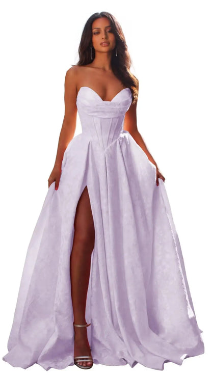 Women Elegant Jacquard Satin Prom Dresses with Slit Strapless Corset A Line Long Formal Gowns Evening Gowns Party Dresses