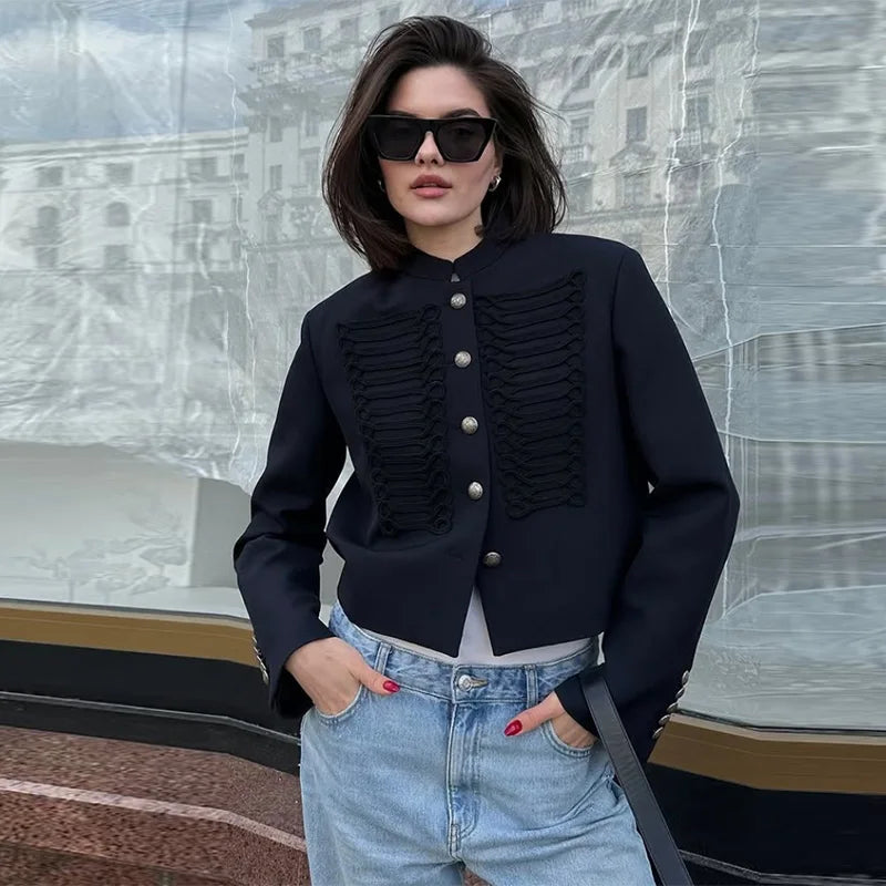Vintage Napoleon Short Jacket for Women Stand Collar Full Sleeve Single-Breasted Slim Coat 2026 Spring Lady New Streetwear