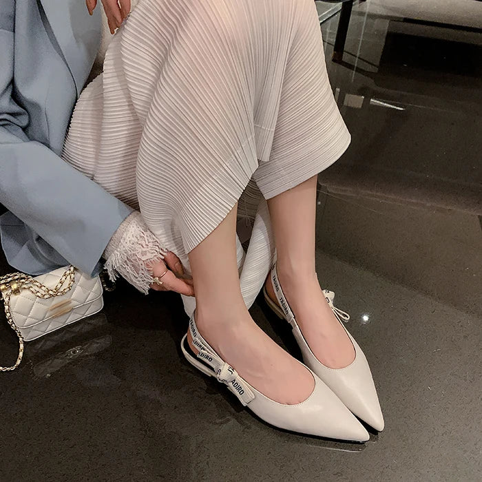New Summer Low Block Heel Suede Pointed Toe Low-Cut Flats with Letter Back Strap Closed-Toe Sandals