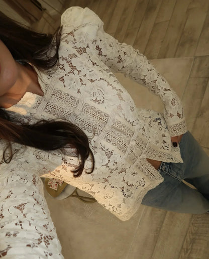 Tossy Summer Lace Printed Shirts Tops Female Hollow Out Fashion Commute Vintage See-Through Blouse Women's Lace Shrug Shirts New