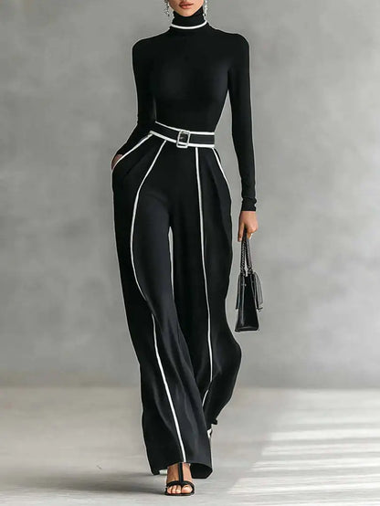 Winter Turtleneck Long Sleeve 2 Piece Sets Retro Solid Slim Top Pullover+Wide Leg Pant Suits Fall Contrast Color Straight Outfit