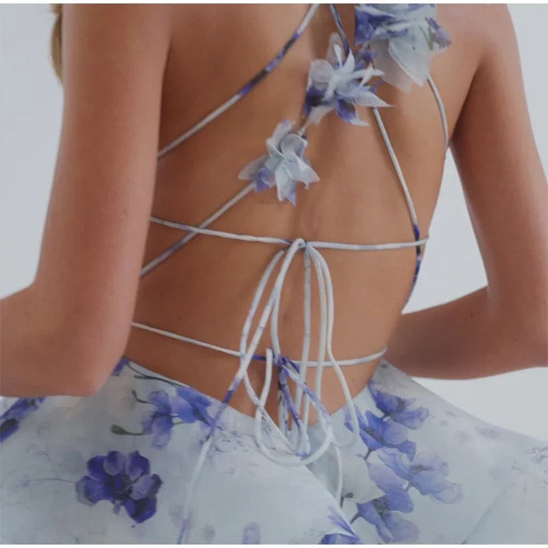 Floral Print Fuffy Short Dress Lace Up Slim Fit Strap Gown 3D Flower Bud Skirt Hemline Halter Backless Beach Suspender Dresses
