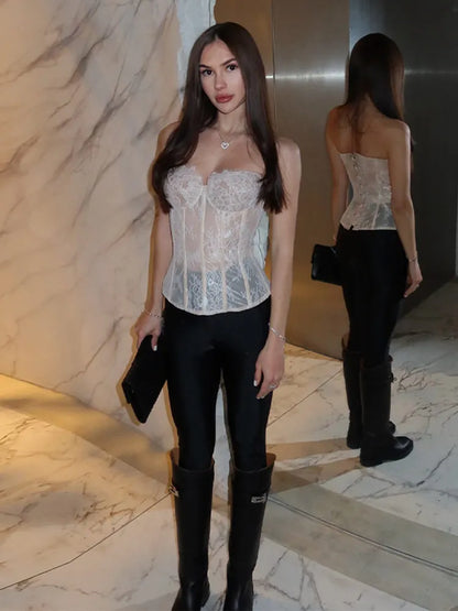Transparent Lace Fishbone Lace Up Tube Tops Women Sexy Strapless Sleeveless Backless Hollow Out Sheath Top Spring Lady Clubwear