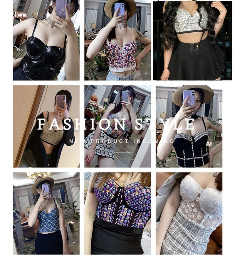 Women Tank Tops Sexy Sequined Diamond Bra Woman Clothes Push Up Bustier Club y2k Crop Top Party Ladies Corset Blusas Ropa Mujer