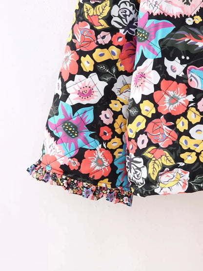 HH Floral Print Jacket For Women Autumn Quilted Reversible Cotton Coat Cardigan Long Sleeve Jackets Elegant Woman Streetwear