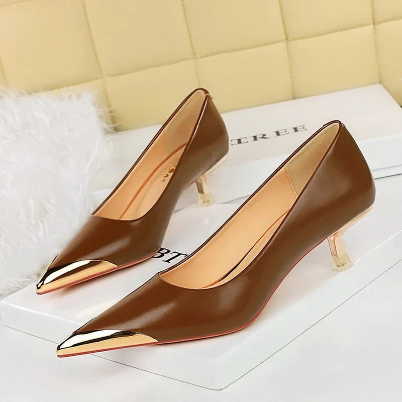 BIGTREE Retro Shallow Metal Pointed Toe High Heels Women Pumps  Stripper Elegant Party Thin Low Heels Black Heels Shoes
