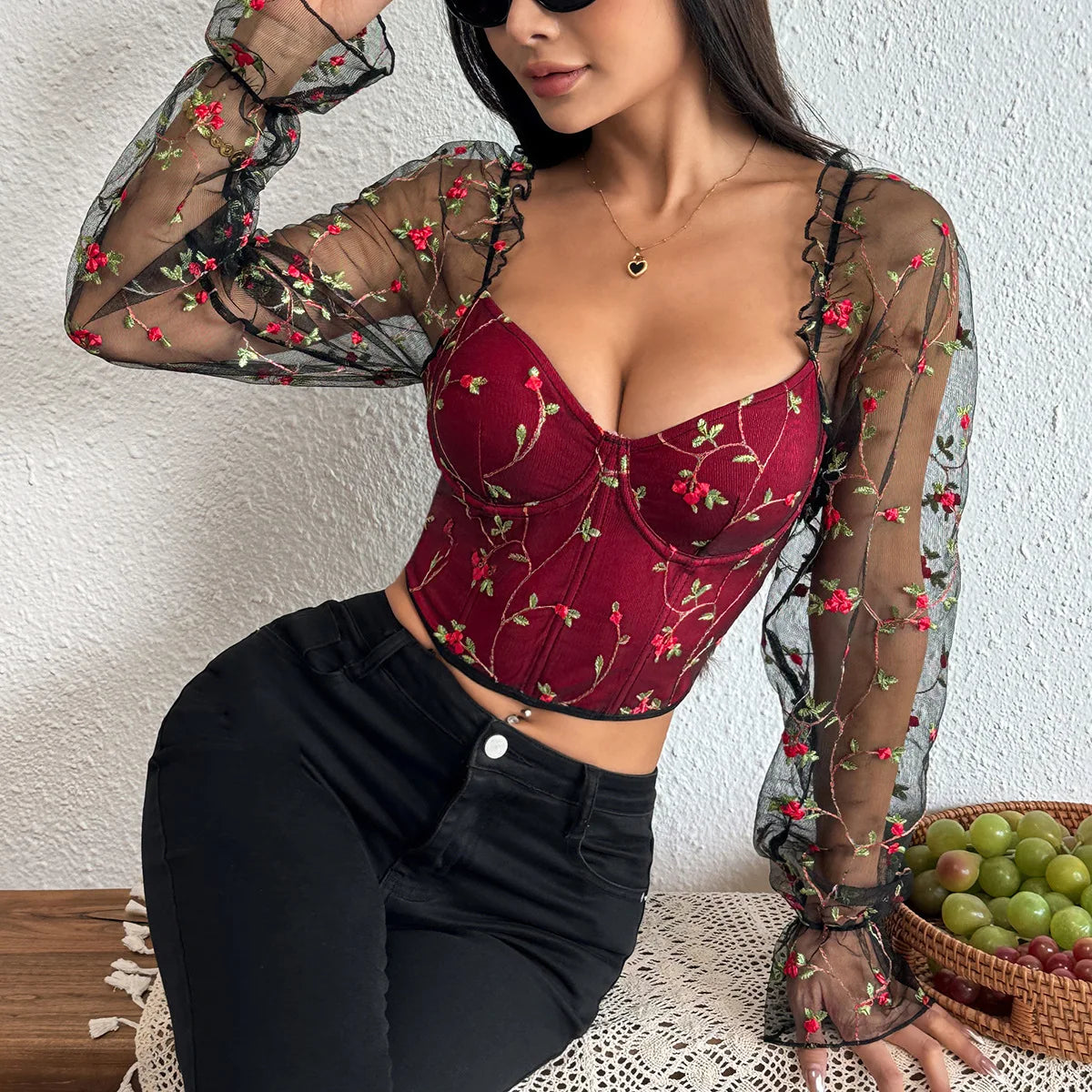 Sexy Spicy Girl Mesh Long Sleeve Corsets Shaper Flower Embroidery Bustiers Fishbone Slim Fit Fashion Versatile Women Corset Top
