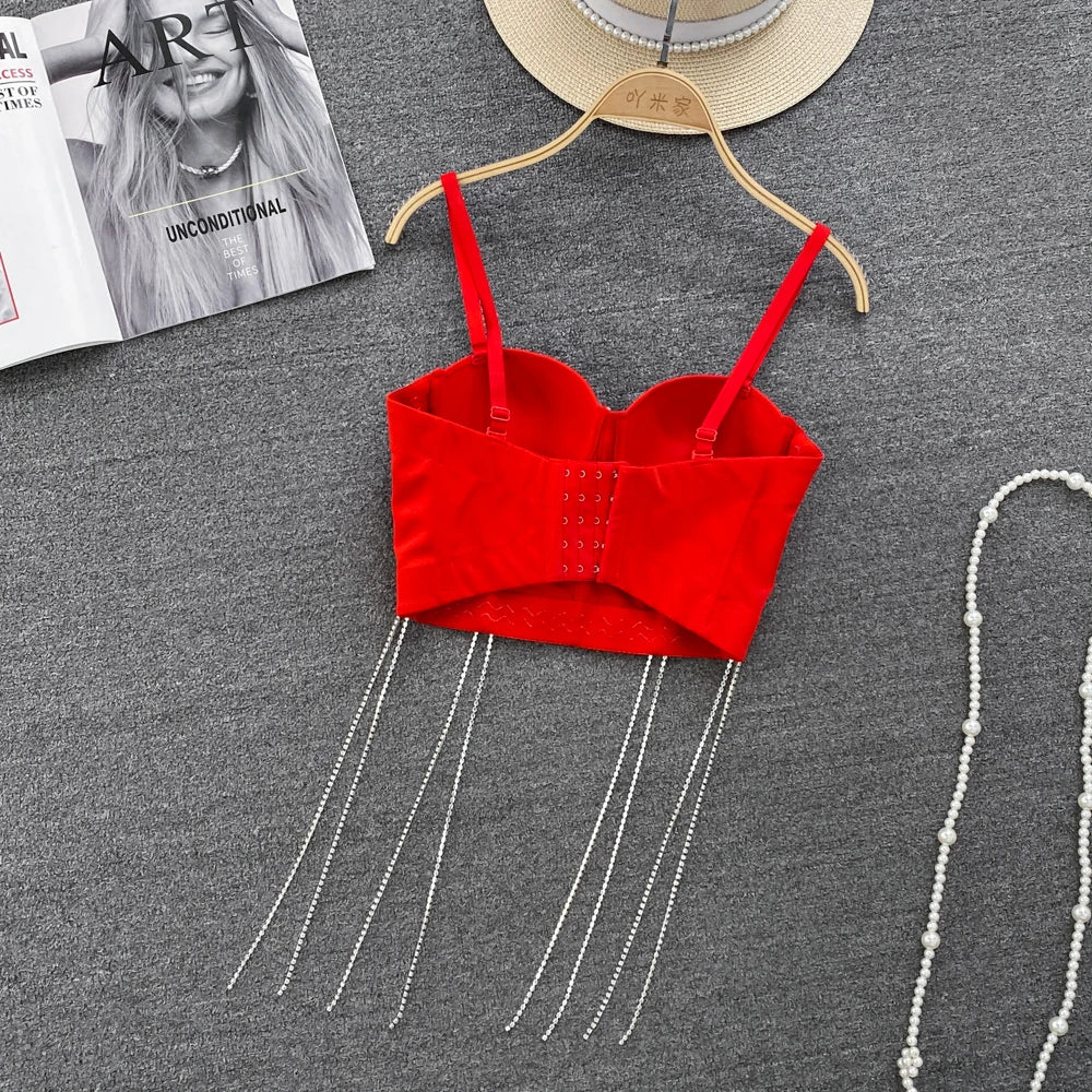 Women Chic Tassels  Pads Rhinestone Basic  Corset Straps Camis Slim  Hot Sexy Fashion Bare NavelBackless Tops Women Crop Top
