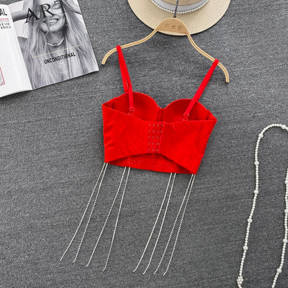 Women Chic Tassels  Pads Rhinestone Basic  Corset Straps Camis Slim  Hot Sexy Fashion Bare NavelBackless Tops Women Crop Top
