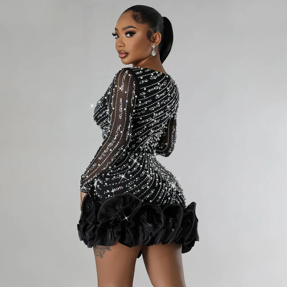 CM.YAYA Spring Women Long Sleeve Ruffles Hot Drilling Bead Short Dress Sexy Night Club Evening Birthday Mini Dresses Vestidos