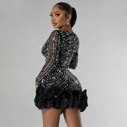 CM.YAYA Spring Women Long Sleeve Ruffles Hot Drilling Bead Short Dress Sexy Night Club Evening Birthday Mini Dresses Vestidos