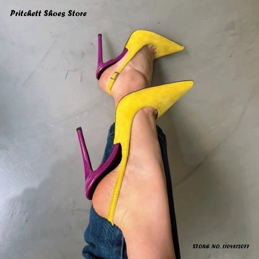 Women's Patchwork Slingback Pumps Elegant Shallow Buckle Strap Suede High Heels Pointed Toe Thin Heels Plus Size Footwear