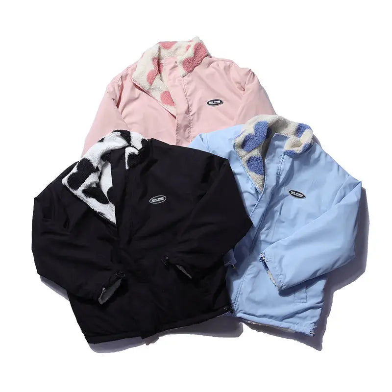 Double-Sided Wear Thickened Lamb Fur Heart Pattern Cotton Jacket Couple's Two-Way Wear Casual Warm Zipper Closure Long Sleeve...