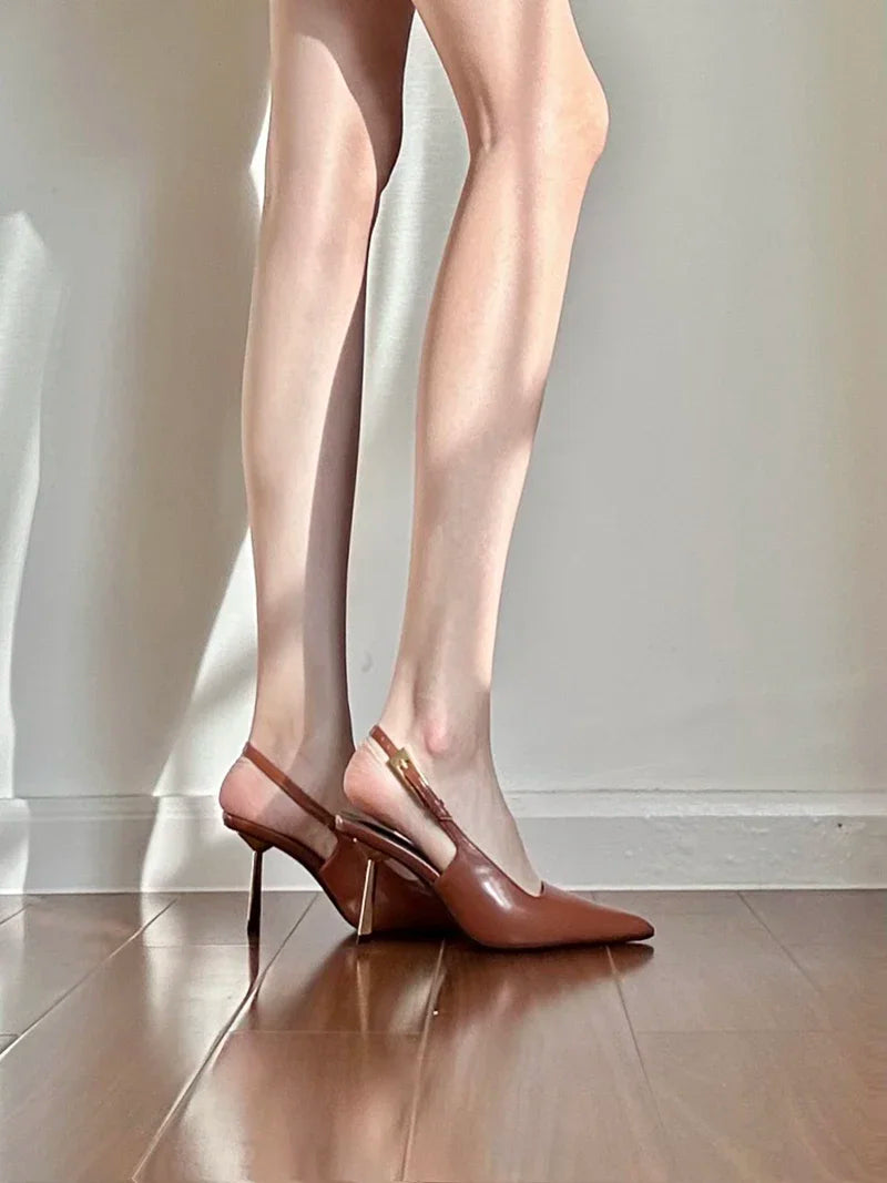 Black Pointed Toe High Heels Thin Heel Metal Cap Sandals Women's Shoes Elegant Painted Leather Sexy Fine Heel New 2025