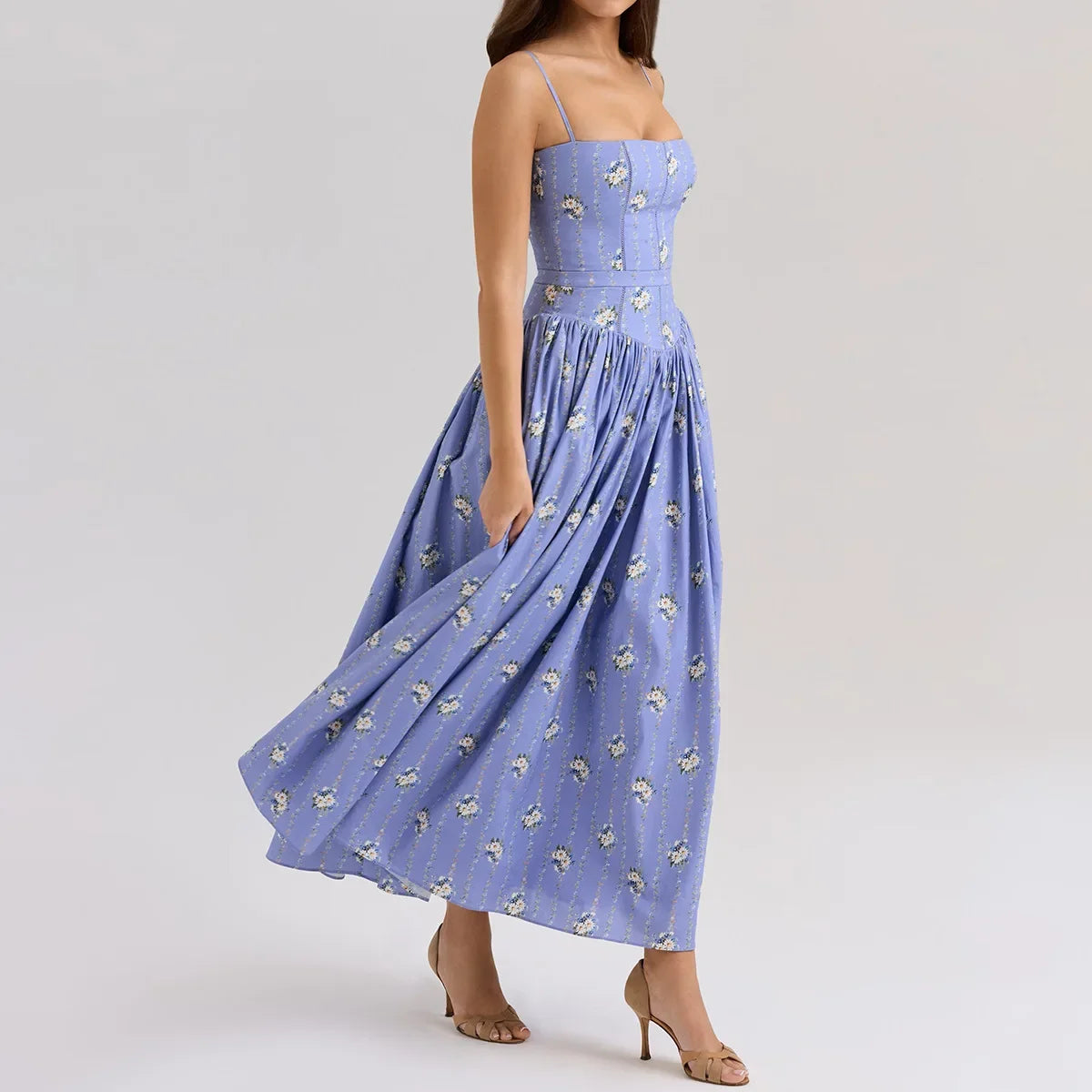 Oligai Floral Print Midi Sundress Elegant Spaghetti Strap Flowy Dress Aussie Summer Women Boho Chic Beach Dress