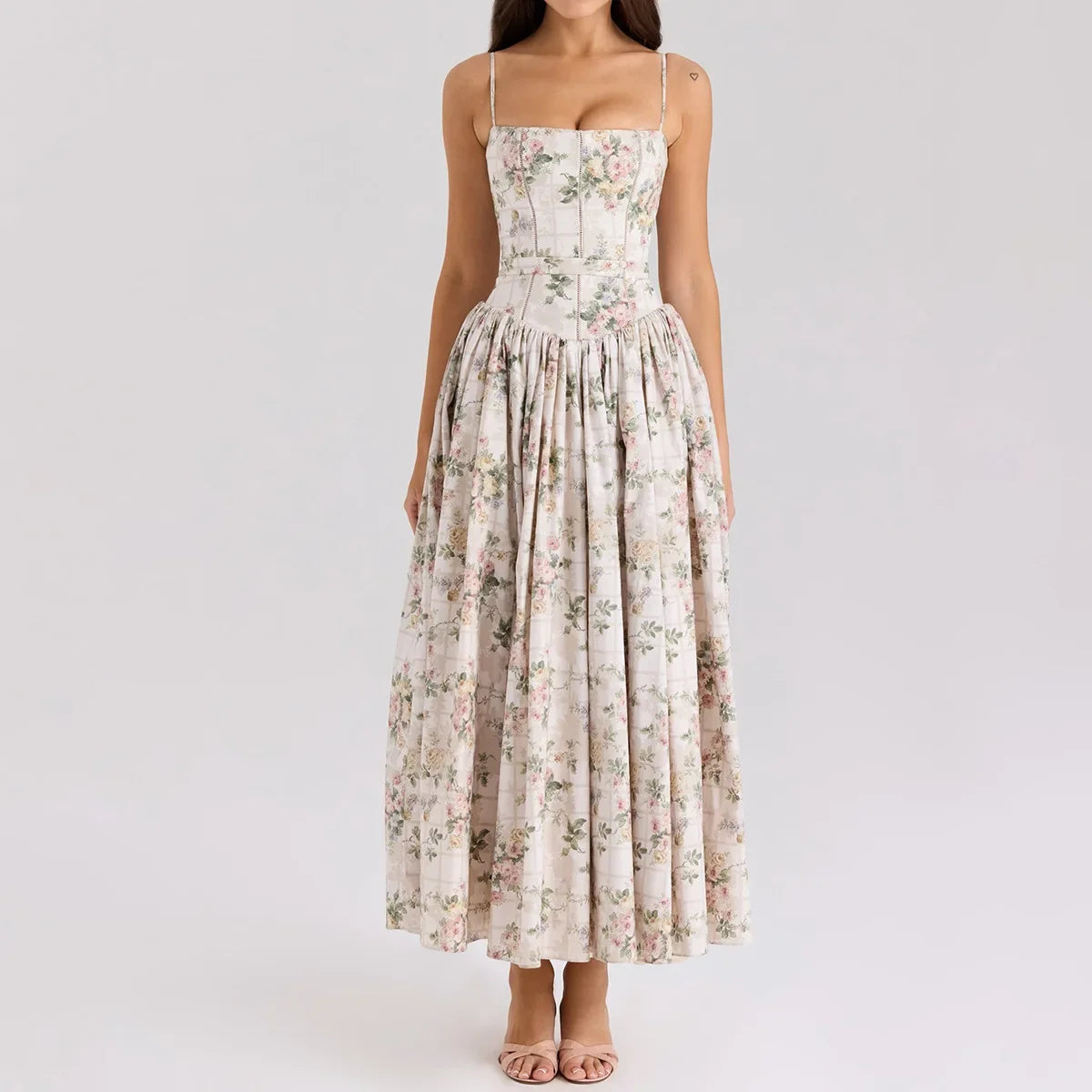 Oligai Floral Print Midi Sundress Elegant Spaghetti Strap Flowy Dress Aussie Summer Women Boho Chic Beach Dress