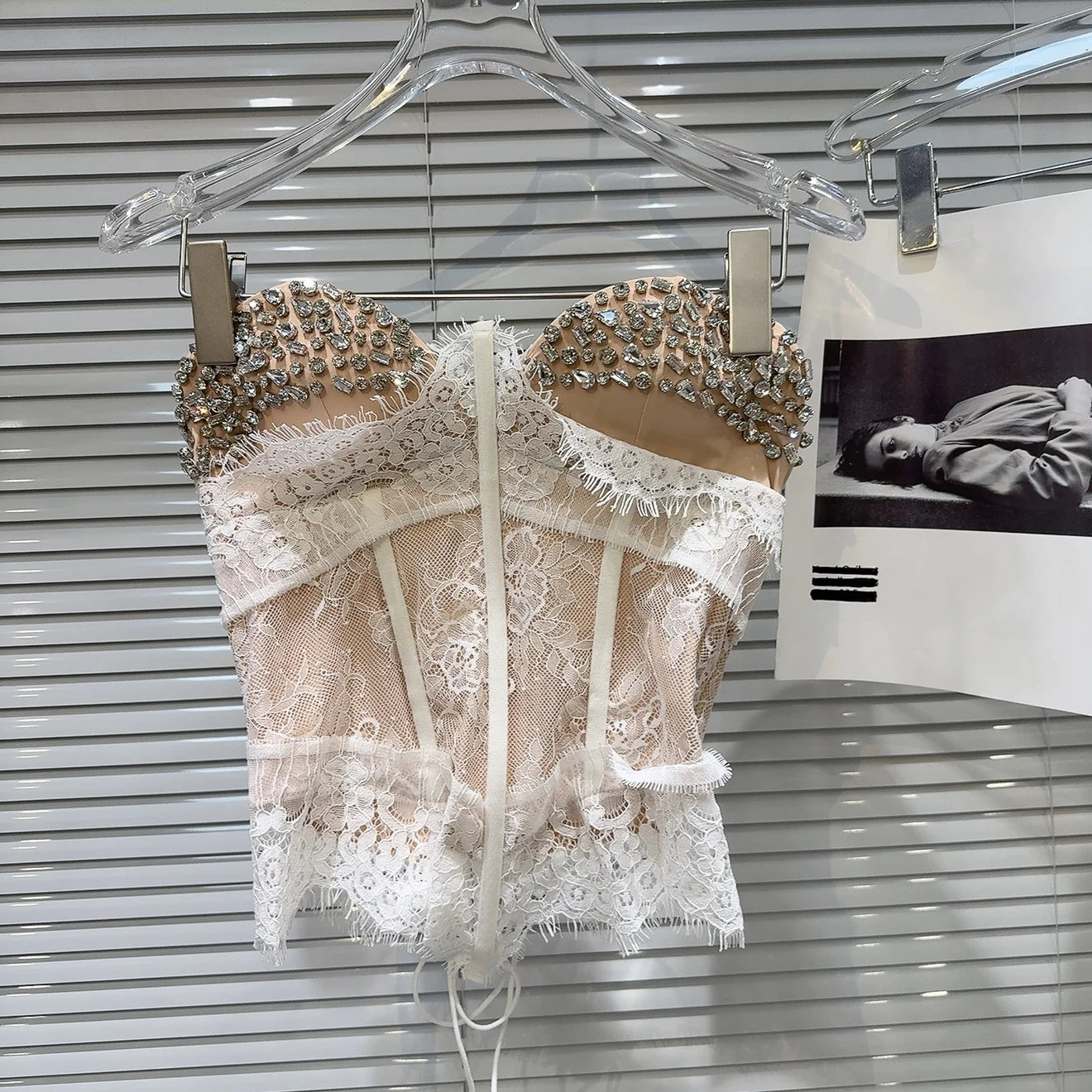 Summer 2026 Sexy Spicy Girl Heavy Work Rhinestone Nail Fishbone Waist Cinch Strapless Tube Top Tank Original Design Lace Trim...