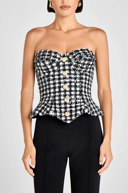 Vintage Plaid Tube Top Vest Women Fashion Sexy Hot Girl Buttons Irregular Slim Sleeveless Cropped Top Party Streetwear Female