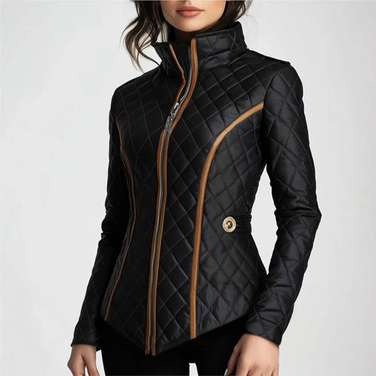 Black Quilted Jacket for Women Autumn Winter Lightweight Cotton Padded Short Coat Slimming Fit Stand Collar Female Outerwear