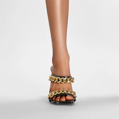 2026 Big Gold Chain Peep Toe Tiger Teeth Heel Sandals 2024 New Fashion Silvery Beach Party Outdoors Women's Slippers Size 35-43