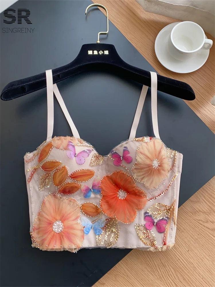 SINGREINY Embroidery Flower Camis Women Strapless Sleeveless Luxury Camisole Slim Hot Summer Sequined Butterfly Sexy Mini Tops