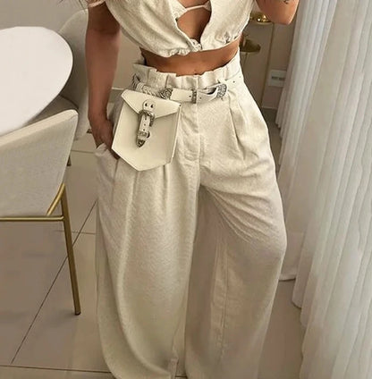 Womens 2 Piece Pants Set Solid Lapel V Neck Sleeveless Crop Top + Casual High Waist Pocket Wide Leg Pants Set Streetwear