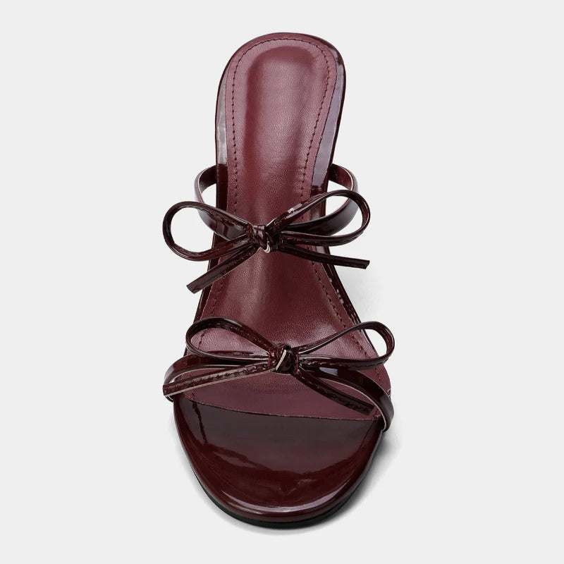 Luxury Burgundy Heeled Sandals Women Double Bow Decoration Backless High Heels Ladies Elegant Party Designer Stiletto Slippers