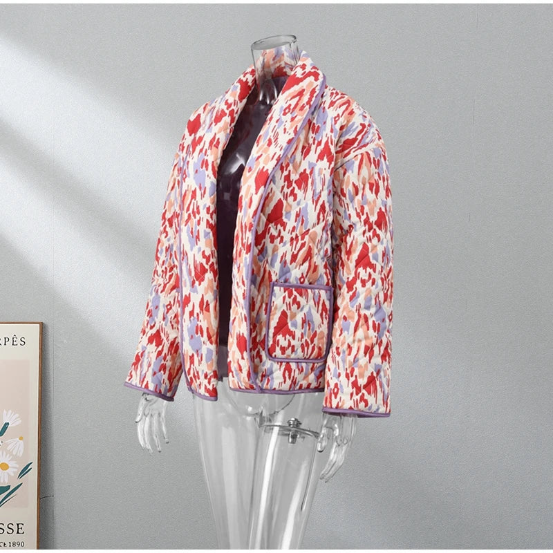 HH Floral Print Jacket For Women Autumn Quilted Reversible Cotton Coat Cardigan Long Sleeve Jackets Elegant Woman Streetwear