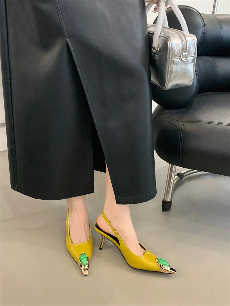 Eilyken Street Style Design Inlay Diamonds Woman Pumps Sandals Elegant Sexy Thin Heels Pointed Toe Banquet Prom Slingbacks Shoes