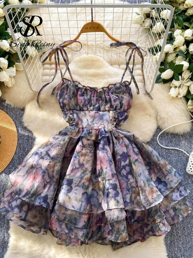 SINGREINY Holiday Print Flowy Birthday Dress Women Strap Butterfly Vacation Cake Sundress Organza Luxury Party Short Dress
