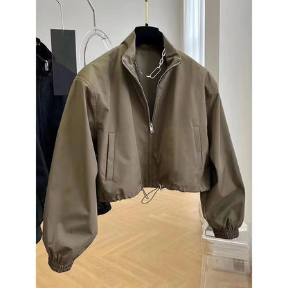 2025 New Autumn Korean Style High-End FeelDesign Stand Collar Cropped Jacket For Women Petite Workwear Elegant Casual Chic Tops