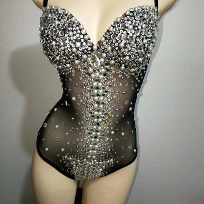 Women Sexy Pearl Strap Drag Queen Rhinestone Bodysuits Birthday Outfit Leotard Black Stage Wear 2025