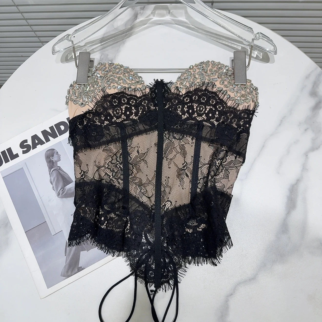 Summer 2026 Sexy Spicy Girl Heavy Work Rhinestone Nail Fishbone Waist Cinch Strapless Tube Top Tank Original Design Lace Trim...