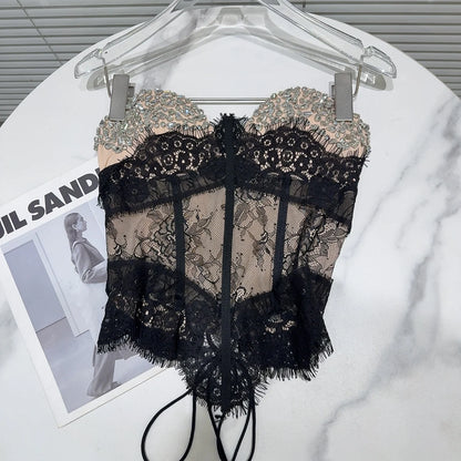 Summer 2026 Sexy Spicy Girl Heavy Work Rhinestone Nail Fishbone Waist Cinch Strapless Tube Top Tank Original Design Lace Trim...