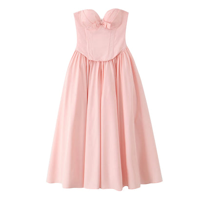 3 colors Sexy Wire Chest Boning Slim Waist Long Strapless Dress Women Cross Lacing up Back Ruched Hem Swing Party Vestido Yellow