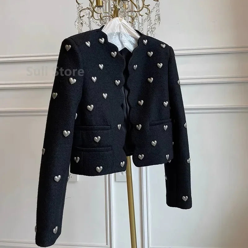 Autumn Winter Fashion Heart Buckle Black Wool Tweed Short Jacket Coat Women Vintage Long Sleeve V Neck Wave Cardigan Outwear Top