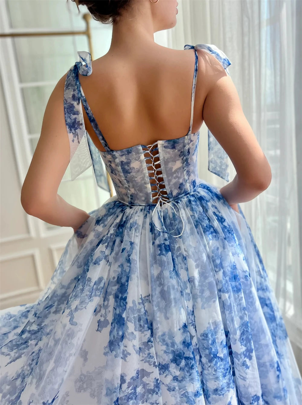 Customized Floral Print Prom Dresses Tea Length Sweetheart Tie Straps Tulle Fairy Dress Cocktail Formal Party Gowns