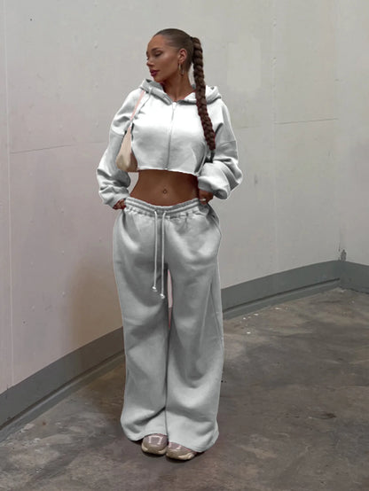 Women Hooded Zip-up Cropped Sweatshirt and Long Pants 2 Piece Sets 2025 Autumn Casual Hoodies Sweatpants Suit Tracksuits