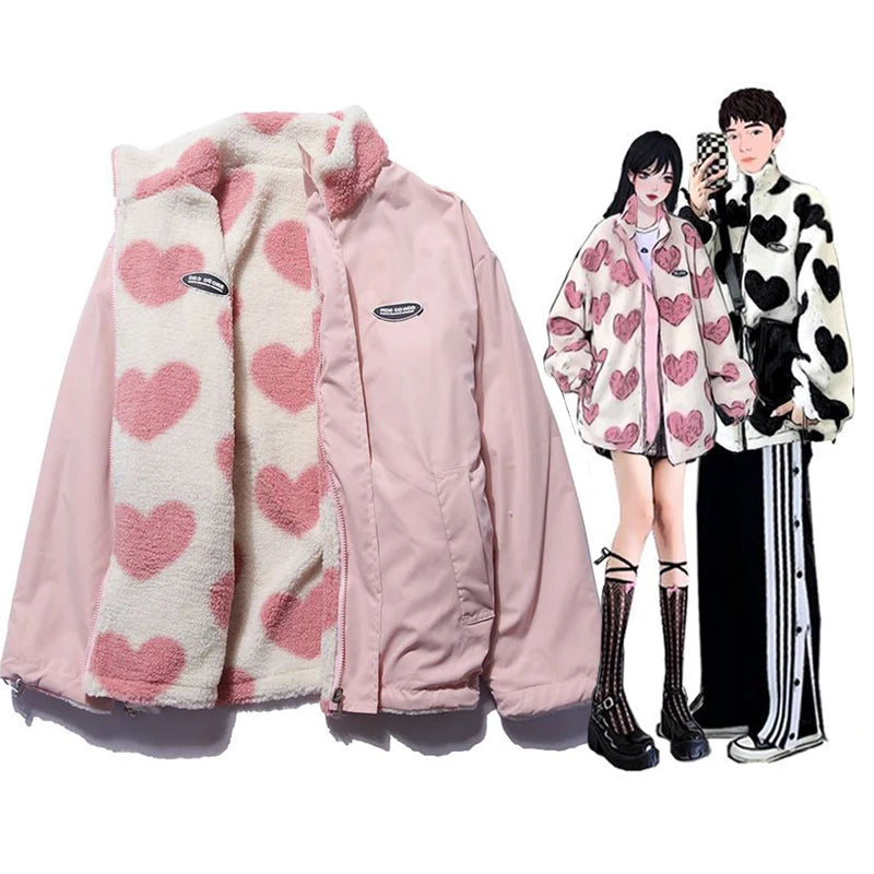 Double-Sided Wear Thickened Lamb Fur Heart Pattern Cotton Jacket Couple's Two-Way Wear Casual Warm Zipper Closure Long Sleeve...