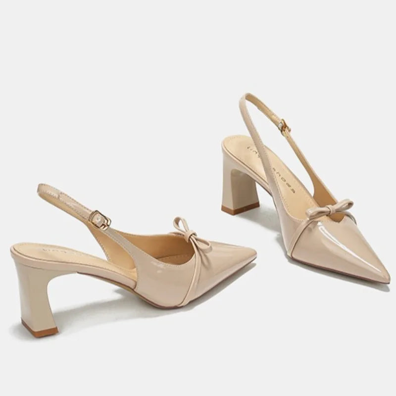 Pointed Toe Women's New Sandals 2025Summer Bow Luxury Brand Sexy Buckle High Heels Slingback Shallow Mouth Girls Mary Jane Shoes