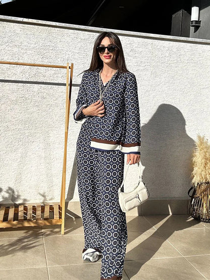 Street Casual Printed Pantsuit Two Piece Set Spring Women Long Sleeveless Shirt+High Waist Print Straight Pants Female Outfit