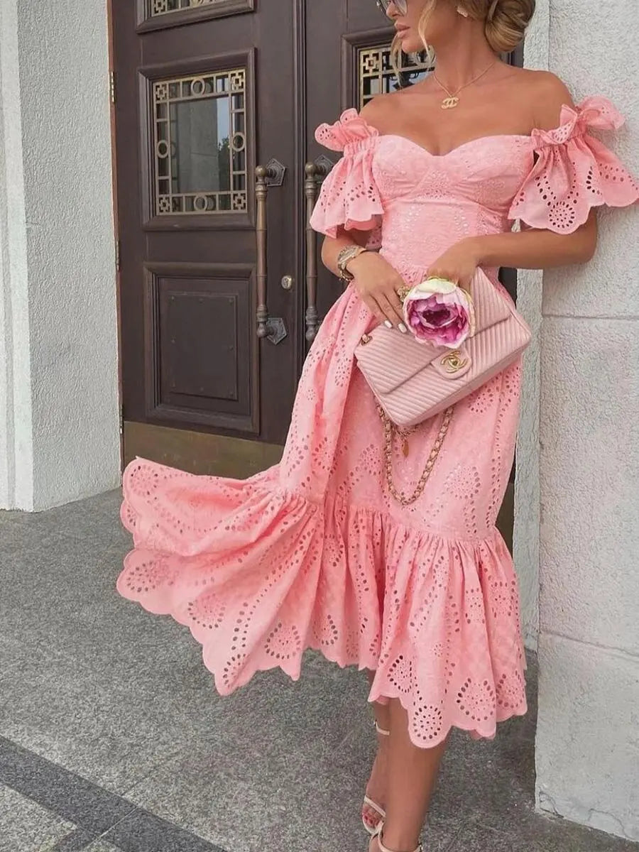 Dress Women Off Shoulder Mid Length Dresses Solid Dot Sexy Splice Tight High Waist V Neck A Line Elegant Slim Fit Vestidos