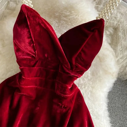 Summer Strap Dress Women Red Velvet A-line Mini Evening Dress Vintage Off Shoulder Luxury Y2K One Piece Frocks Clothes 2025 New