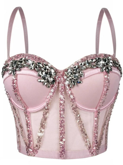 Rhinestones Female Corset Top Women Camis Nightclub Pearls Short Chest Binder Sexy Camisole Mujer Lingerie Tube Bra Debardeur