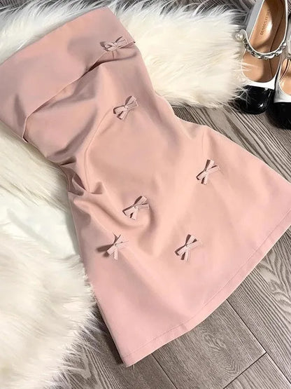 Korean Sle Pink 3D  Knot Tube Top Dr Summer Pure Desire Spicy Waist Cinching ort Skirt Women's INS Dr